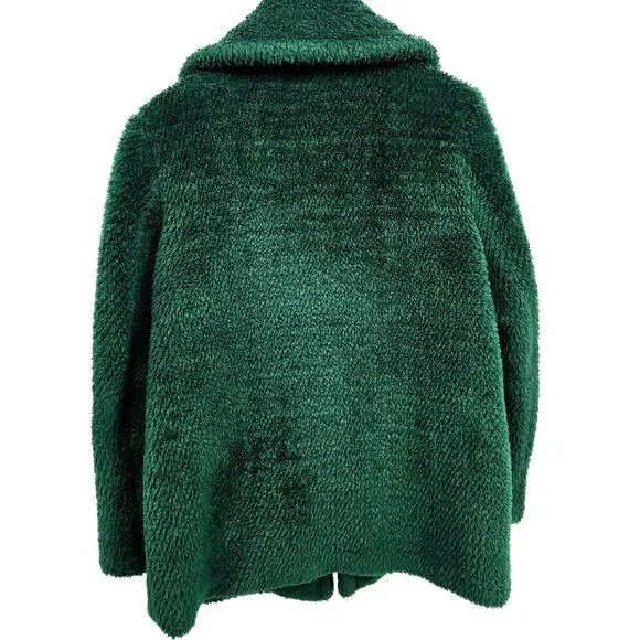 French Connection Medium Green Faux Fur Teddy Coat Collared Emerald Warm Cozy - Picture 2 of 6